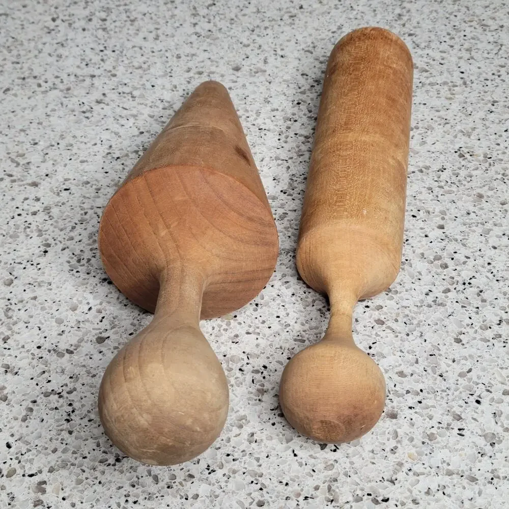2 VTG MCM Wooden Pestle Cone & Bat Food Mill Masher Canning Primitive Hand Tool